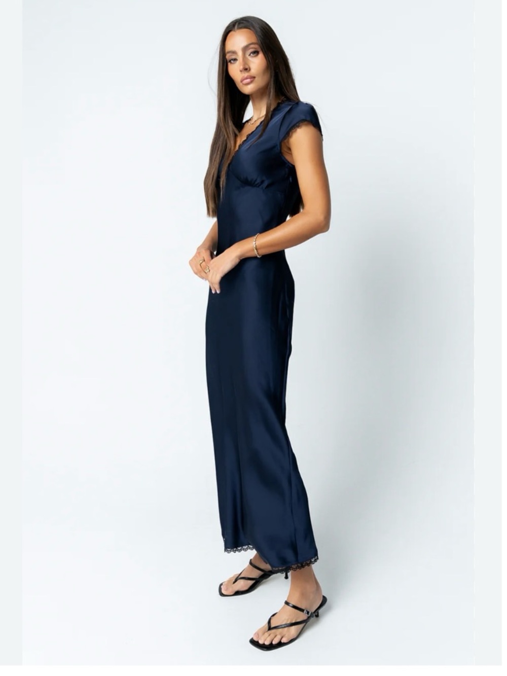 NWT bohme Wrenna Satin Maxi Dress Navy Lace-Trim Maxi Dress, Size M - Picture 5 of 15
